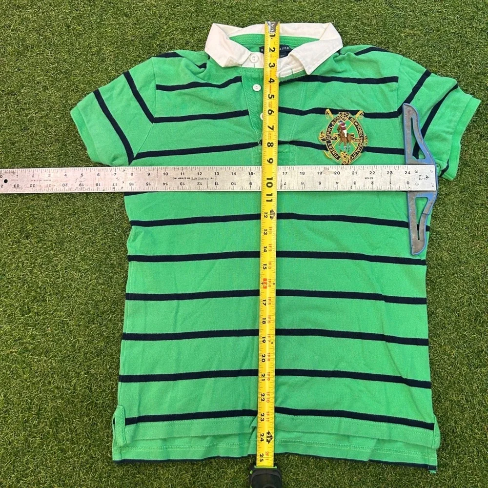 Ralph Lauren Mens Green Navy Striped Crest Rugby Polo Shirt Large Short Sleeve